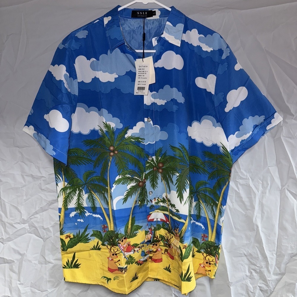 Rare SSLR Mens Large Hawaiian Shirt Christmas Santa‎ Beach Blue Short Sleeve
